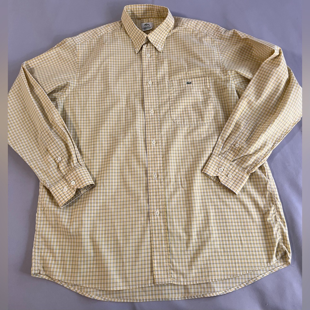 Lacoste Shirt Mens Large Size 42 Button Down Yellow Plaid Croc Logo Preppy